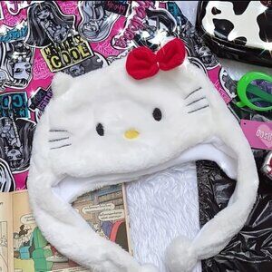 Hello Kitty Plush Winter Hat with Long Plush Ties White NWT